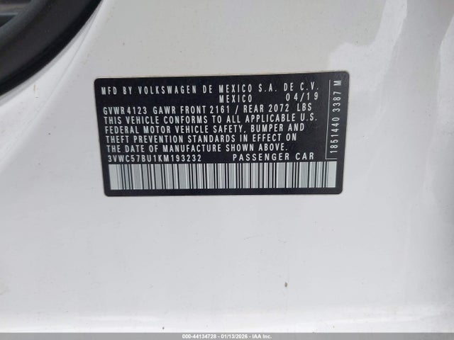 Aukcja sprzedaży 2019 Volkswagen Jetta 1.4t R-line/1.4t S/1.4t Se, vin: 3VWC57BU1KM193232, numer aukcji: 44134728