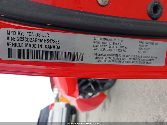 Продажа на аукционе авто 2021 Dodge Challenger Sxt, vin: 2C3CDZAG1MH547236, номер лота: 44134752