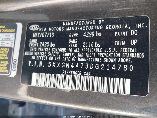2013 Kia Optima Ex მანქანა იყიდება აუქციონზე, vin: 5XXGN4A73DG214780, აუქციონის ნომერი: 44134927