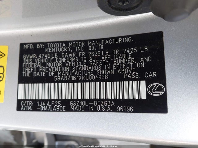 Aukcja sprzedaży 2019 Lexus Es 350 F Sport, vin: 58ABZ1B1XKU004938, numer aukcji: 44134928