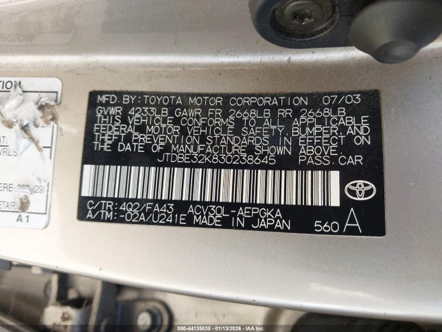 2003 Toyota Camry Xle მანქანა იყიდება აუქციონზე, vin: JTDBE32K830238645, აუქციონის ნომერი: 44135030