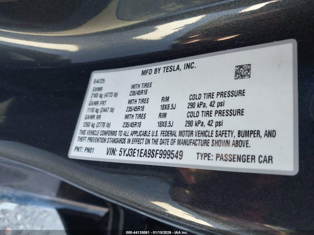 Продаж на аукціоні авто 2025 Tesla Model 3, vin: 5YJ3E1EA9SF999549, номер лоту: 44135061