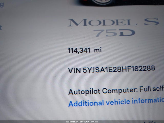Aukcja sprzedaży 2017 Tesla Model S 100d/60d/75d/90d/p100d, vin: 5YJSA1E28HF182288, numer aukcji: 44135094