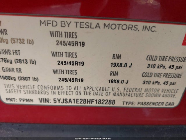 Aukcja sprzedaży 2017 Tesla Model S 100d/60d/75d/90d/p100d, vin: 5YJSA1E28HF182288, numer aukcji: 44135094