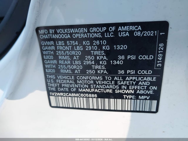 Aukcja sprzedaży 2021 Volkswagen Atlas 3.6l V6 Se W/technology, vin: 1V2WR2CA8MC605886, numer aukcji: 44135302