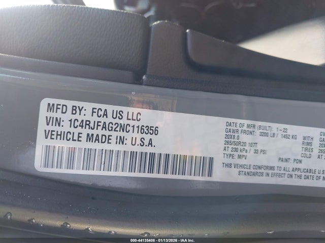 2022 Jeep Grand Cherokee Wk Laredo X 4x4 მანქანა იყიდება აუქციონზე, vin: 1C4RJFAG2NC116356, აუქციონის ნომერი: 44135408