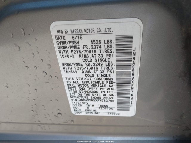 JN8AS5MVXFW763798 Nissan Rogue Select S