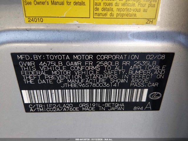 44135728 :رقم المزاد ، JTHBE96S780036141 vin ، 2008 Lexus Gs 350 مزاد بيع