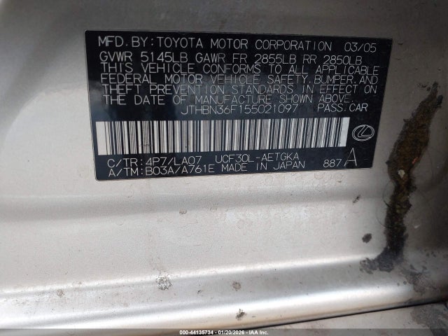 Aukcja sprzedaży 2005 Lexus Ls 430, vin: JTHBN36F155021097, numer aukcji: 44135734
