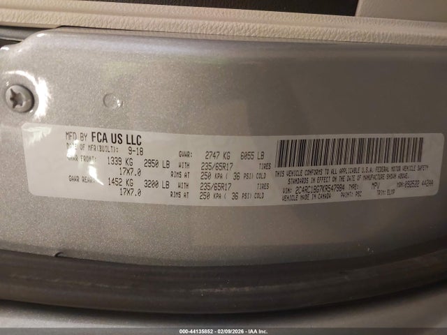 44135852 :رقم المزاد ، 2C4RC1BG7KR547984 vin ، 2019 Chrysler Pacifica Touring L مزاد بيع