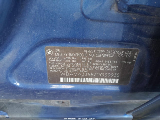 Aukcja sprzedaży 2007 Bmw 328i, vin: WBAVA33587PG39935, numer aukcji: 44135853