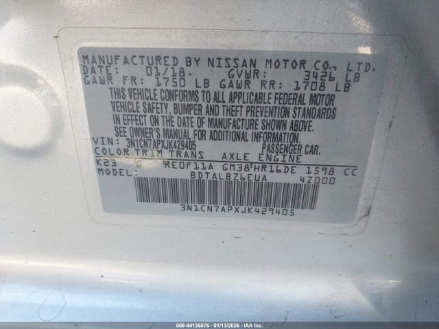 3N1CN7APXJK429405 Nissan Versa 1.6 Sv