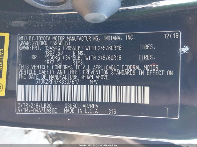 5TDKZRFH7KS307617 Toyota Highlander Xle