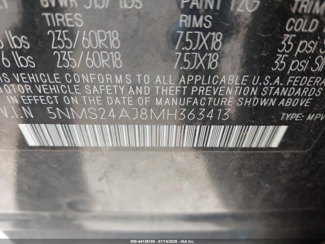 44136159 :رقم المزاد ، 5NMS24AJ8MH363413 vin ، 2021 Hyundai Santa Fe Sel مزاد بيع