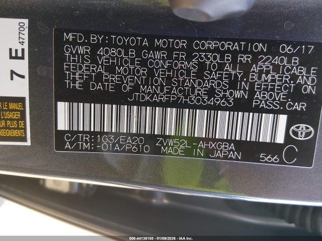 44136188 :رقم المزاد ، JTDKARFP7H3034963 vin ، 2017 Toyota Prius Prime Advanced مزاد بيع