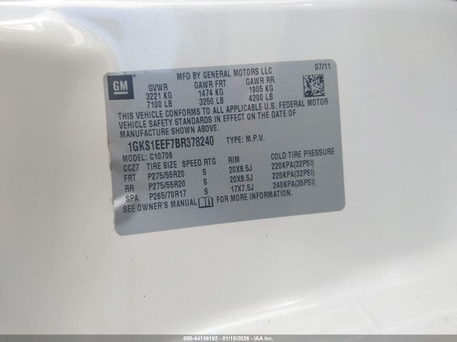 44136192 :رقم المزاد ، 1GKS1EEF7BR378240 vin ، 2011 Gmc Yukon Denali مزاد بيع