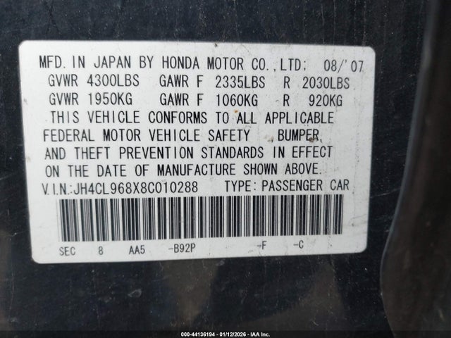 44136194 :رقم المزاد ، JH4CL968X8C010288 vin ، 2008 Acura Tsx مزاد بيع
