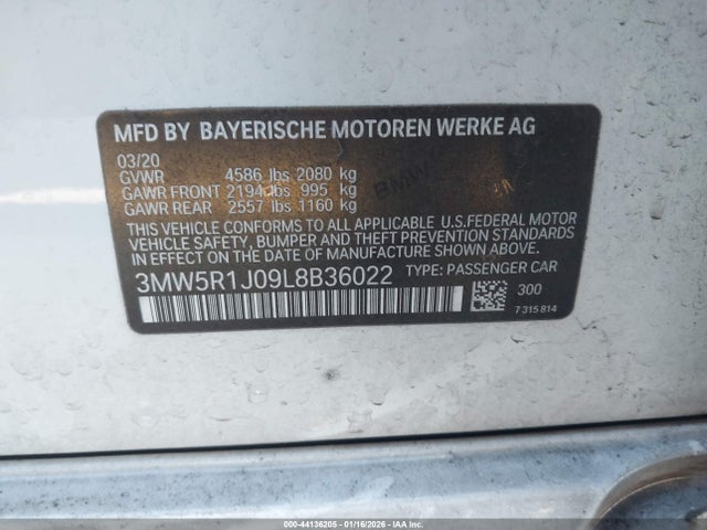 Продаж на аукціоні авто 2020 Bmw 330i, vin: 3MW5R1J09L8B36022, номер лоту: 44136205