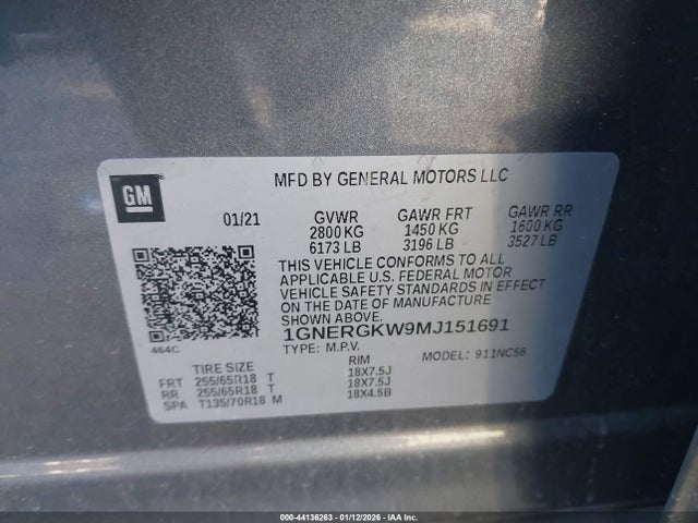 1GNERGKW9MJ151691 Chevrolet Traverse Fwd Lt Cloth