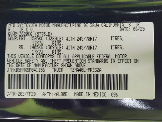 Продаж на аукціоні авто 2025 Toyota Tacoma Sr5, vin: 3TMKB5FNXSM041156, номер лоту: 44136266