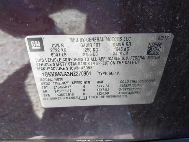 44136296 :رقم المزاد ، 1GKKNKLA3HZ270961 vin ، 2017 Gmc Acadia Sle-1 مزاد بيع