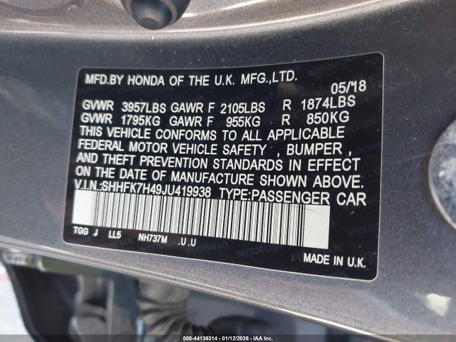 SHHFK7H49JU419938 Honda Civic Sport