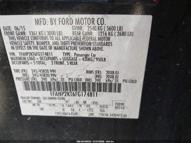 Auction sale of the 2015 Ford Taurus Sho, vin: 1FAHP2KT6FG174811, lot number: 44136332