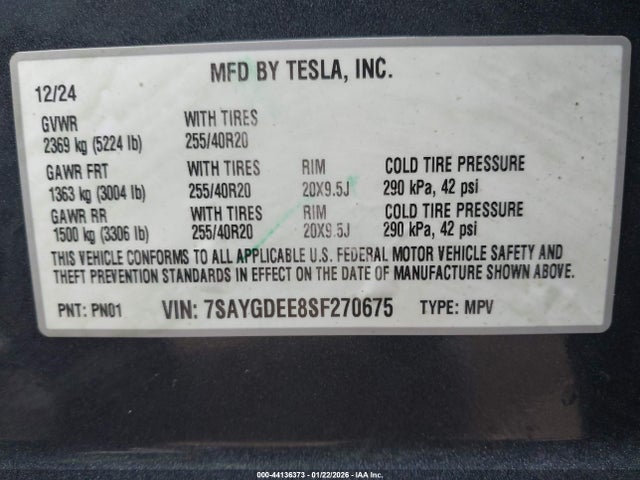 Aukcja sprzedaży 2025 Tesla Model Y Long Range Dual Motor All-wheel Drive, vin: 7SAYGDEE8SF270675, numer aukcji: 44136373