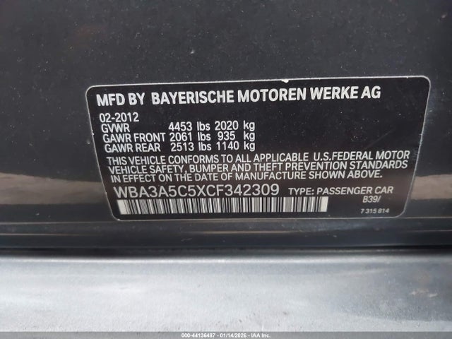 44136487 :رقم المزاد ، WBA3A5C5XCF342309 vin ، 2012 Bmw 328i مزاد بيع