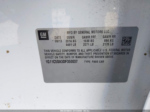 Продаж на аукціоні авто 2013 Chevrolet Malibu 1lt, vin: 1G11C5SA3DF350037, номер лоту: 44136510