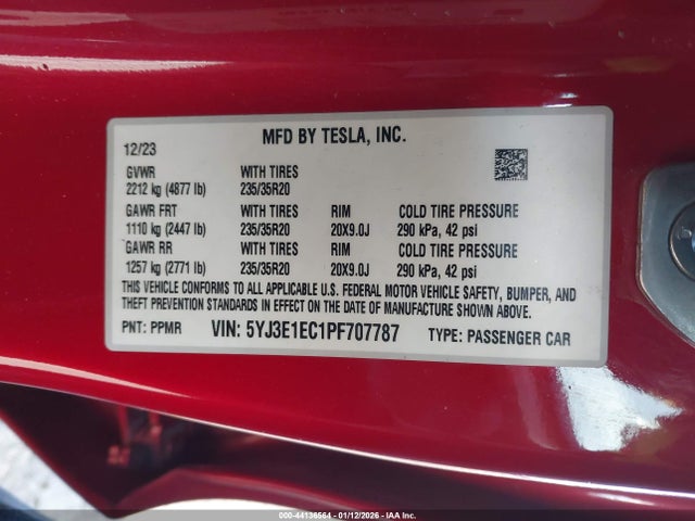 2023 Tesla Model 3 Performance Dual Motor All-wheel Drive მანქანა იყიდება აუქციონზე, vin: 5YJ3E1EC1PF707787, აუქციონის ნომერი: 44136564