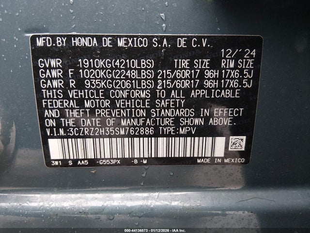3CZRZ2H35SM762886 Honda Hr-v Awd Lx