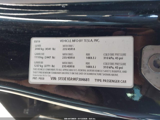 Продажа на аукционе авто 2019 Tesla Model 3 Long Range/mid Range/standard Range/standard Range Plus, vin: 5YJ3E1EA9KF304681, номер лота: 44136630