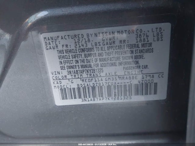 3N1AB7AP7KY281325 Nissan SENTRA SV