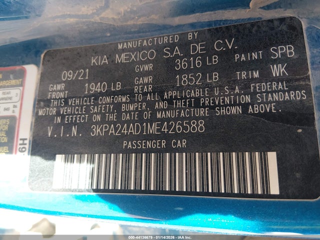 3KPA24AD1ME426588 KIA RIO S