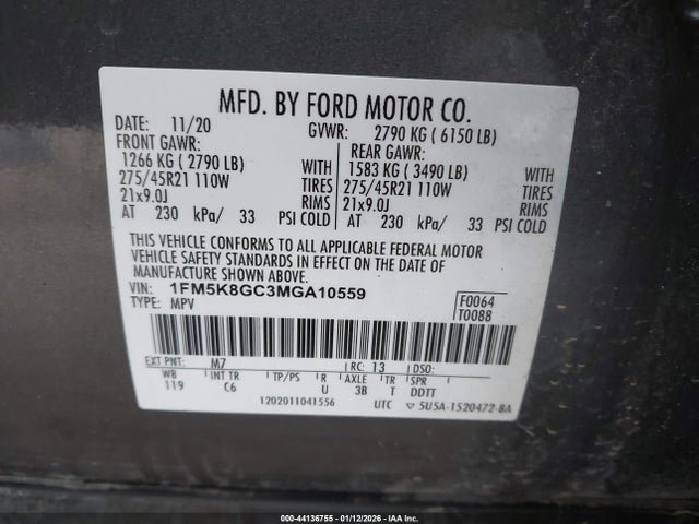 Aukcja sprzedaży 2021 Ford Explorer St, vin: 1FM5K8GC3MGA10559, numer aukcji: 44136755