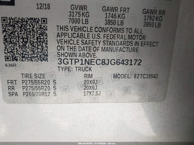 44136763 :رقم المزاد ، 3GTP1NEC8JG643172 vin ، 2018 Gmc Sierra 1500 Slt مزاد بيع
