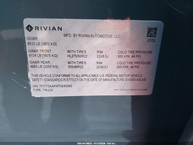 Продажа на аукционе авто 2026 Rivian R1t, vin: 7FCTGAAP4TN043560, номер лота: 44136823