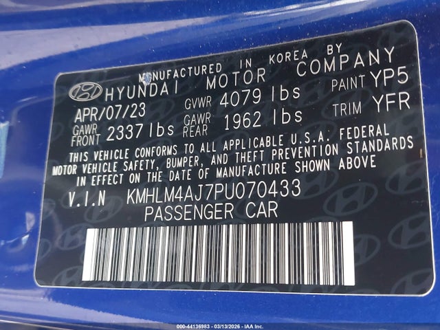 44136983 :رقم المزاد ، KMHLM4AJ7PU070433 vin ، 2023 Hyundai Elantra Hybrid Blue مزاد بيع