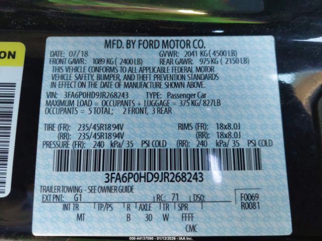 2018 FORD FUSION 3FA6P0HD9JR268243 Photo 8