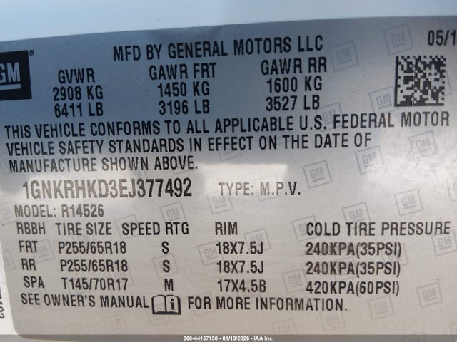 1GNKRHKD3EJ377492 Chevrolet Traverse 2lt