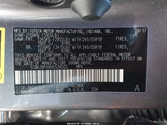 5TDKZRFHXHS526502 Toyota Highlander Se