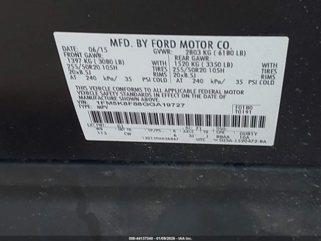2016 FORD EXPLORER 1FM5K8F88GGA19727 Photo 8
