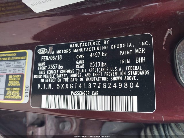 5XXGT4L37JG249804 KIA Optima Lx