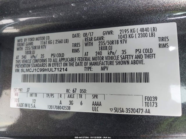 5LMCJ1C99HUL71214 Lincoln Mkc Premiere