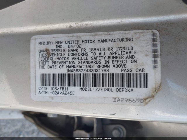 44137411 :رقم المزاد ، 1NXBR32E43Z031768 vin ، 2003 Toyota Corolla Ce مزاد بيع