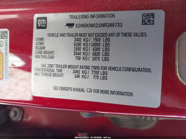 1GNSKNKD1NR269733 Chevrolet Tahoe 4wd Lt