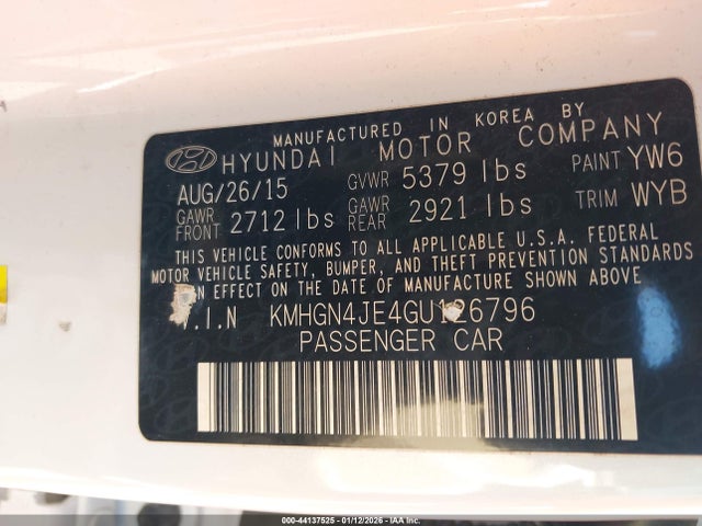 Продаж на аукціоні авто 2016 Hyundai Genesis 3.8, vin: KMHGN4JE4GU126796, номер лоту: 44137525
