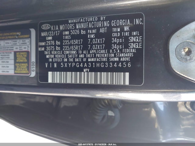 5XYPG4A31HG334456 KIA Sorento 2.4l Lx