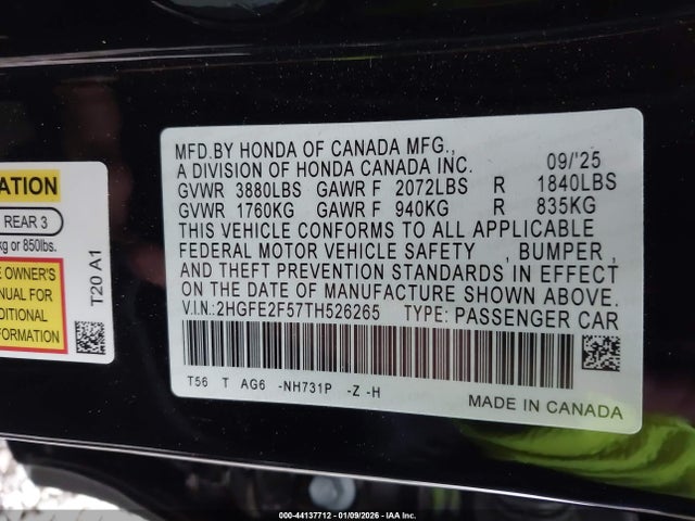 Honda Civic Sport 2026 2HGFE2F57TH526265 Image 9